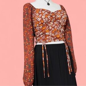 Rust Floral Ruched Long-Sleeve Crop Top